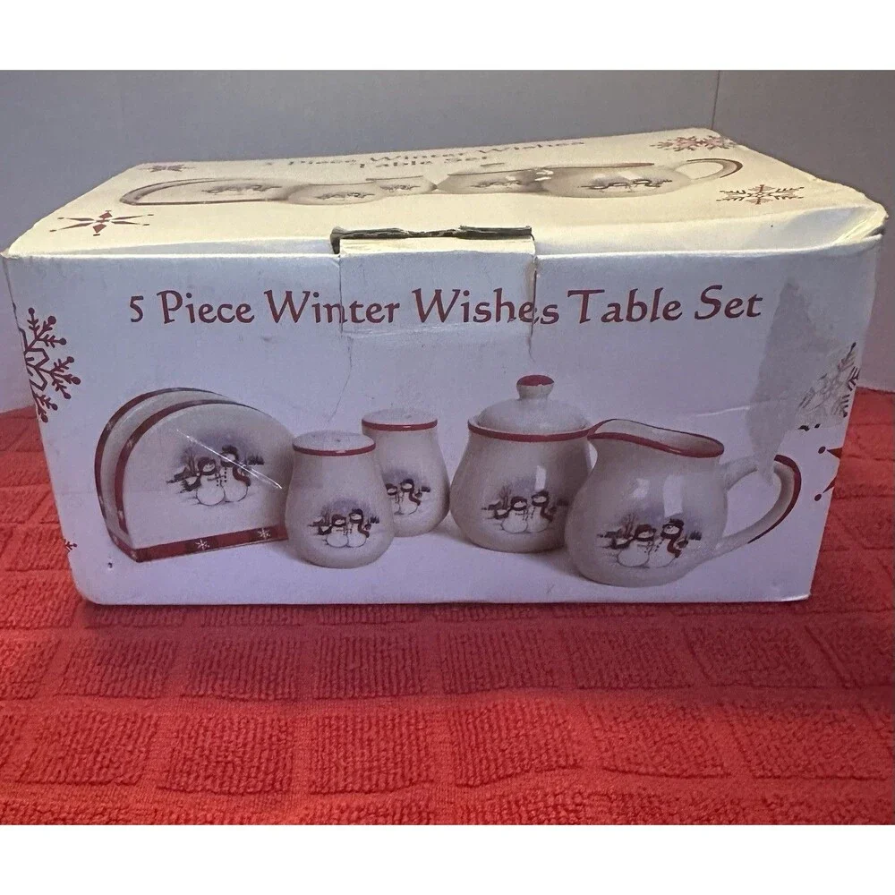 Vintage Royal Seasons 5pc Winter Wishes Table Set Snowmen Creamer Sugar Box